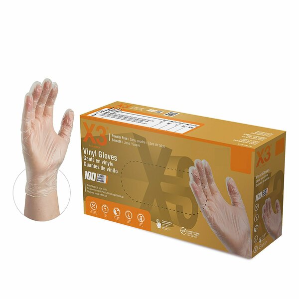 X3 GPX3, Vinyl Disposable Gloves, 3 mil Palm, Vinyl, Powder-Free, S, 1000 PK, Clear GPX342100